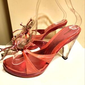 Vtg. Mint Baldinini Pink Leather/PVC Flower Lucite Heel Sandals Sz.6.5 Ret$475